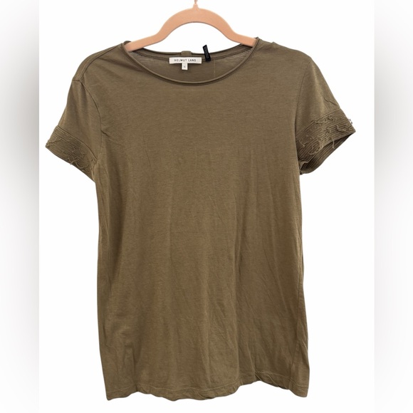Helmut Lang Tops - Helmut Lang Olive Green Distressed Sleeve Cashmere Cotton Tee